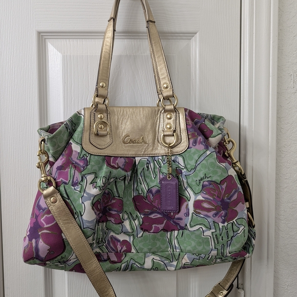 Coach Green and Purple Floral Tote with Gold Accents - Picture 1 of 4